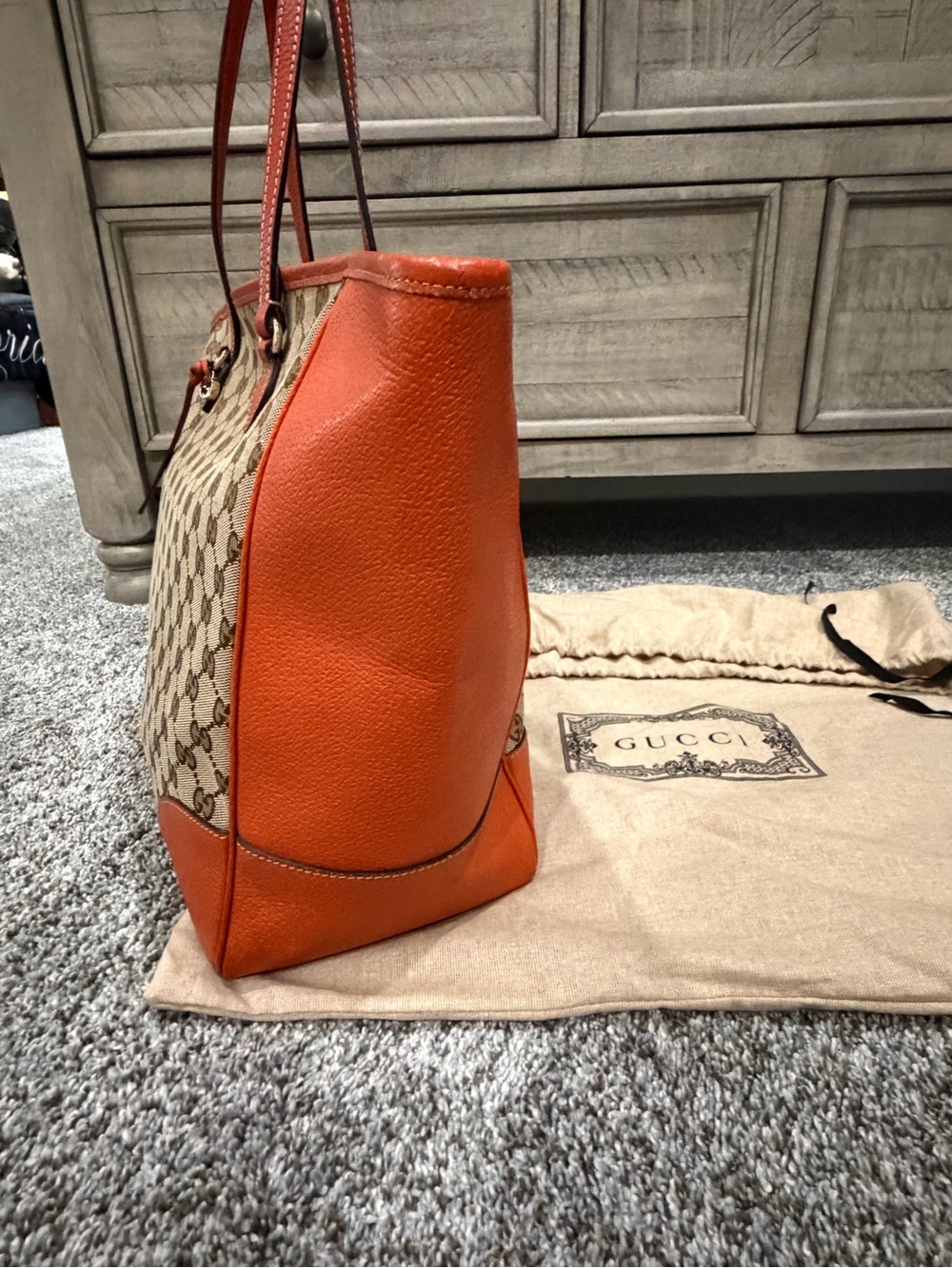Gucci GG Canvas Tote with Orange Leather Trim - Picture 2 of 8